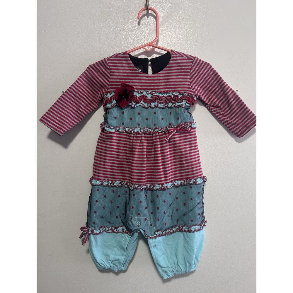 Isobella and Chloe Romper Size 6 Months Baby Girl Polka Dots Strips Ruffles